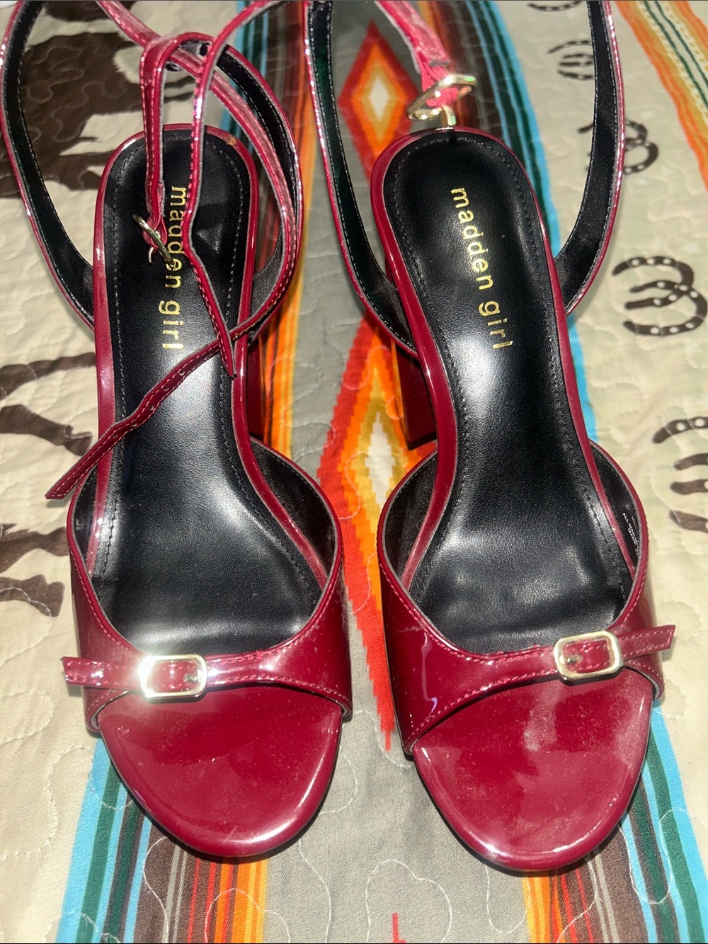 Madden Girl Burgundy Patent Slingback Heels with Gold Buckles